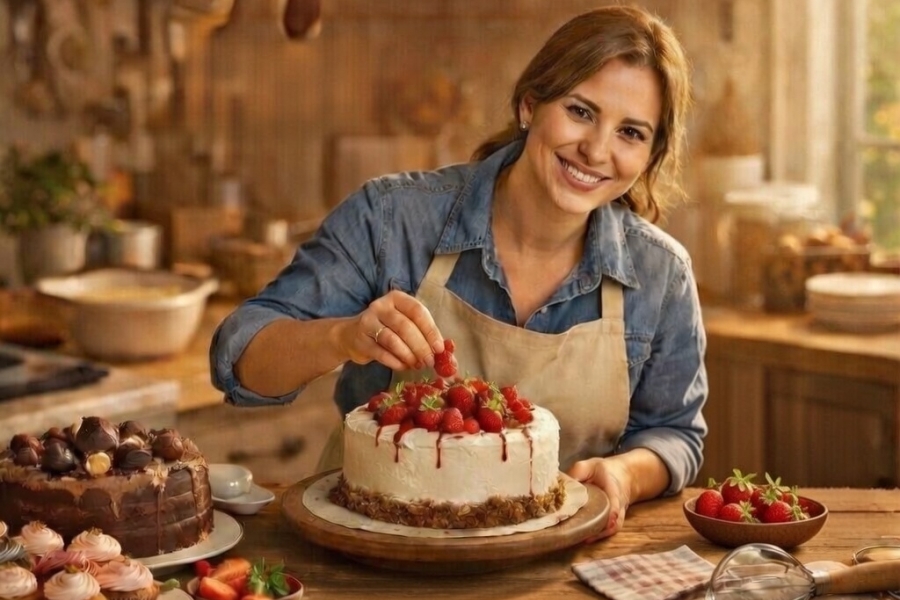 Mulher na cozinha com bolos